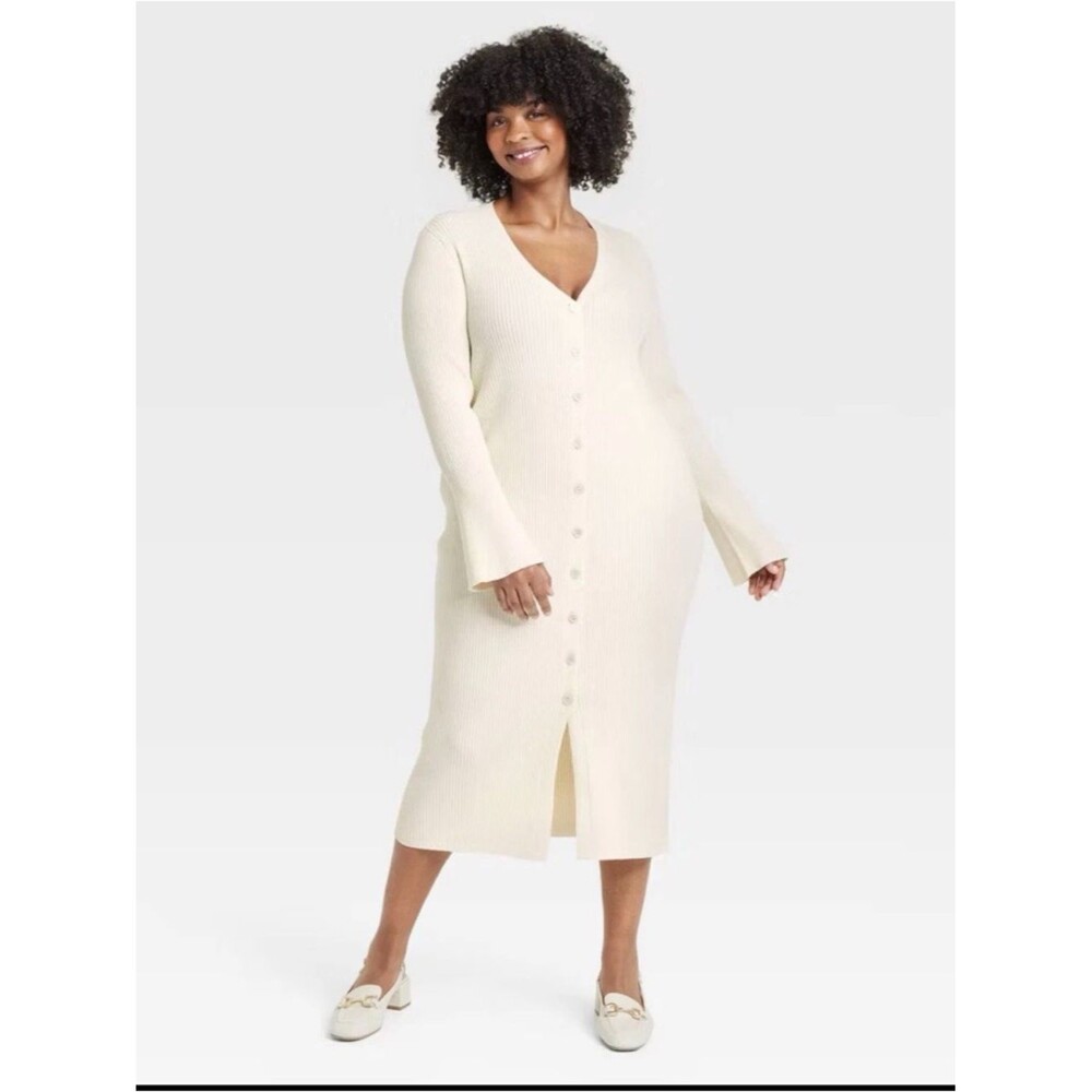 A New Day Ribbed Button Front Midi Sweater Dress Cream All Sizes NWT/NWOT - Picture 4 of 10